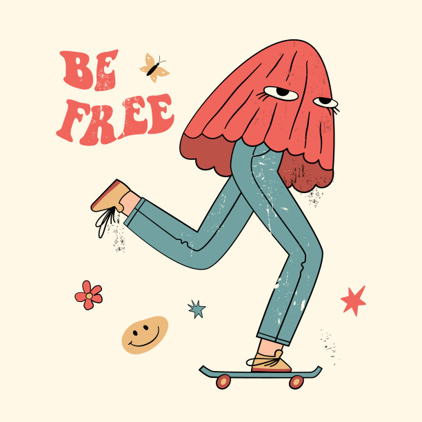 免费提供带有迷幻蘑菇、鲜花和其他复古元素的标语。70年代的Groovy主题手绘风格。嬉皮插图的女孩t恤，t恤和贴纸，海报设计图片下载