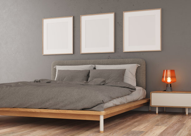 三维插图与三个空白画布，为卧室。概要视图图片下载