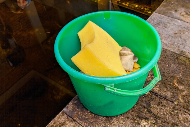 水池边的绿色水桶图片下载