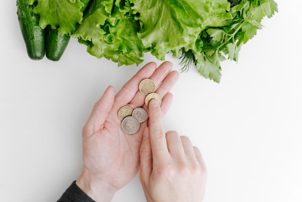 购物，健康食品价格，购买蔬菜，危机和问题的概念。俯视图男子数钱，手里的硬币附近的生态花园的绿色室内。特写镜头图片下载
