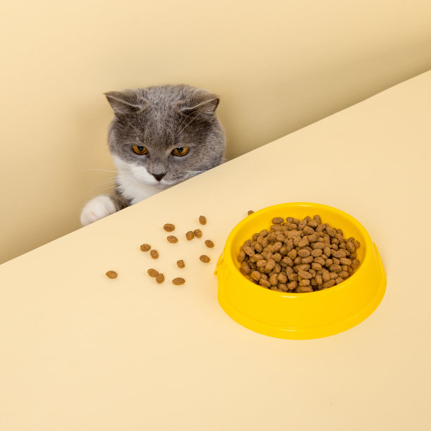 可爱的灰色猫和一碗食物，黄色背景，偷吃食物图片下载