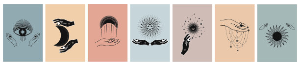 手绘的神秘的太阳与月亮，眼睛和星星在线艺术卡片。精神象征天上的空间。魔法护身符，古董风格，波西米亚风格，复古，纹身，标志。矢量草图集插图图片下载