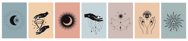 手绘的神秘的太阳与月亮，眼睛和星星在线艺术卡片。精神象征天上的空间。魔法护身符，古董风格，波西米亚风格，复古，纹身，标志。矢量草图集插图图片下载