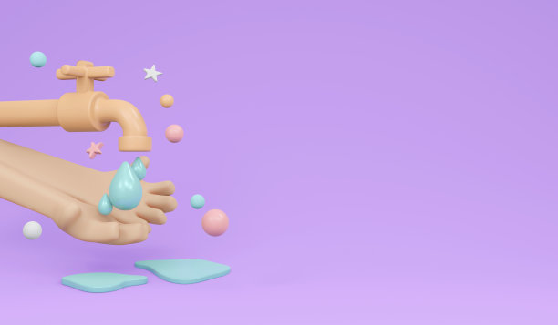 背景海报上手持水龙头滴水的3D渲染活动概念三月水日海报。3D渲染插图最小的卡通风格。图片下载