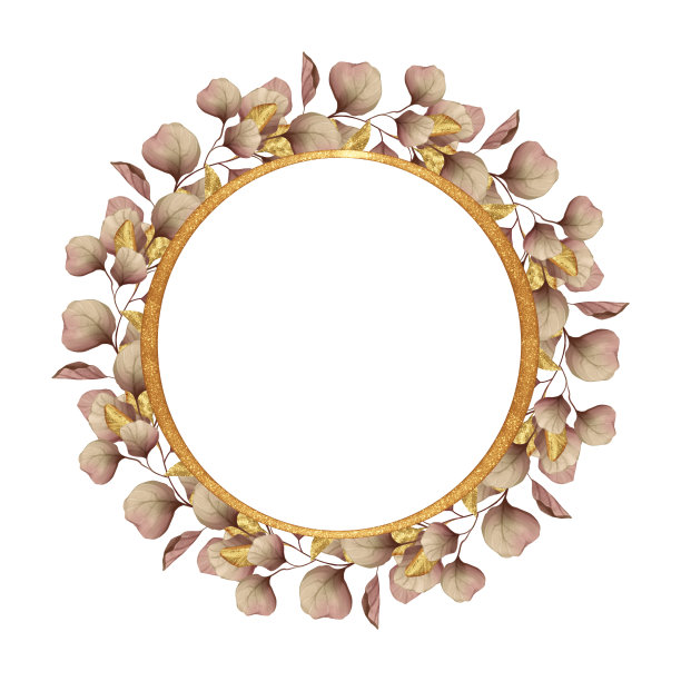 水彩叶子和金色的圆形框架。请柬，婚礼或贺卡。图片下载
