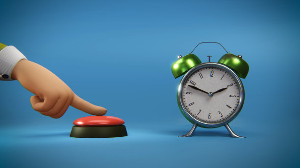 蓝色背景上的卡通时钟和红色按钮的3d插图。图片下载