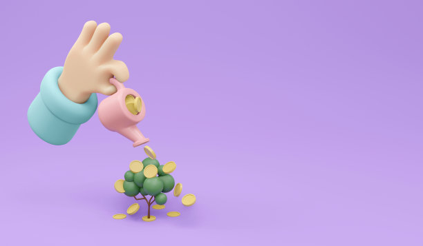 基于金融投资的复制空间概念，由喷壶中的硬币绘制的钱树生长的3D效果图。3D渲染。3D插图。图片下载