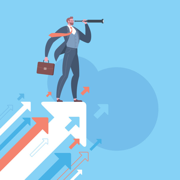 寻找机会，商业机会或愿景概念。商人站在蓝色背景的飞箭上，通过单筒望远镜观察。图片下载