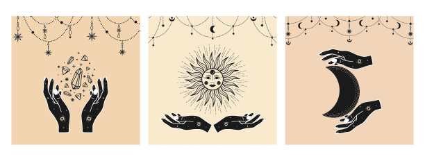 神秘的太阳与月亮，女人的手，眼睛和星星在线艺术。手绘的象征天界空间的精神牌。魔力护身符，波西米亚风，复古风，纹身，标志。矢量草图集插图图片下载