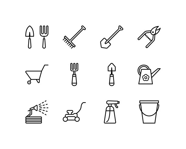 园艺和播种活动平线图标设置。春季，植物生长芽，园艺工具。简单的平面矢量插图网站或移动应用程序图片下载