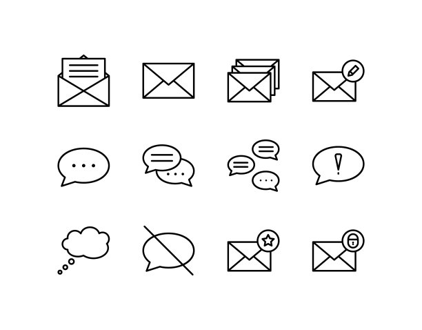 设置了消息平面行图标。这类图标包含邮局信件、信封、聊天语音泡泡、邮件等。简单的平面矢量插图网站或移动应用程序图片下载