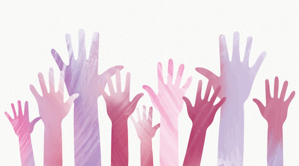 在白色结构背景上举起人们的手。画手组与举起的手臂。图片下载