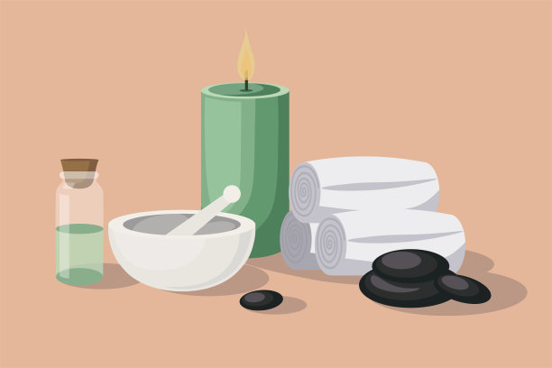 矢量插图在米色背景上自然化妆品和沐浴用品。卡通风格的spa按摩美容沙龙推广模板设计。图片下载