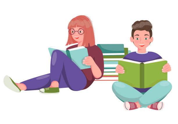 可爱的男孩和女孩正坐着看书。十几岁的孩子，一边读着课本一边露出孩子气快乐的微笑。图片下载