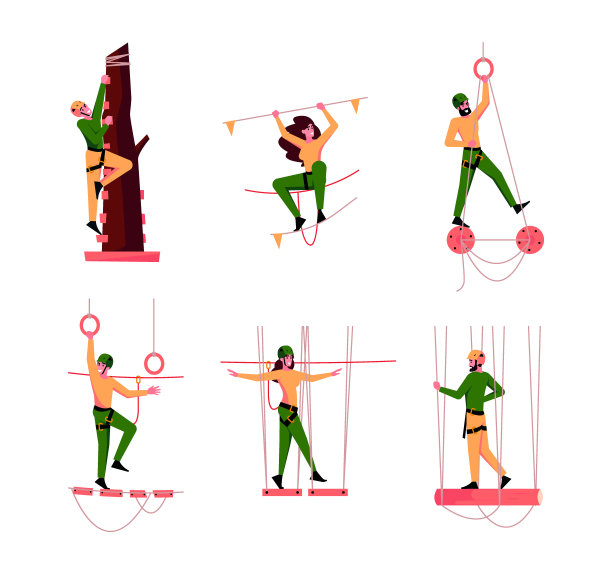 绳子公园。走森林探险建筑在树上花哨矢量绳运动行走图片下载