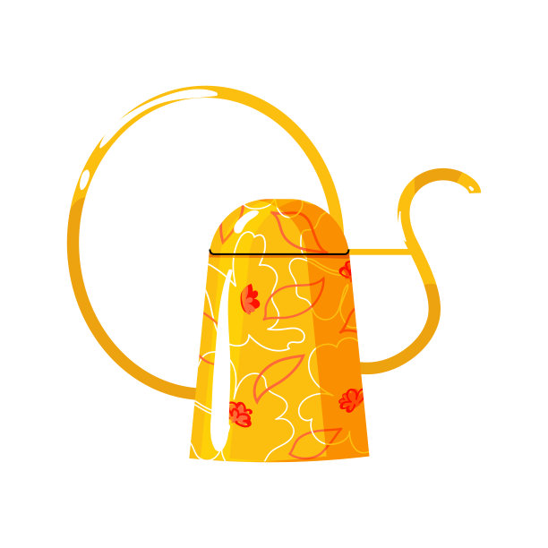 黄色金属喷壶与红色花模式孤立在白色背景上。现代园艺工具或农具。平面卡通彩色矢量插图图片下载