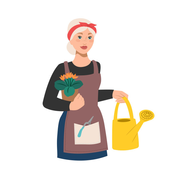 花匠拿着花盆和喷壶。花园工具。矢量图图片下载