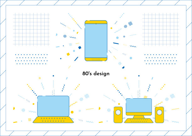 具有80年代设计效果线的智能手机和电脑插画图片下载
