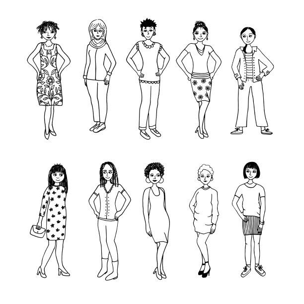 手绘涂鸦女性在不同的服装-设置1图片下载