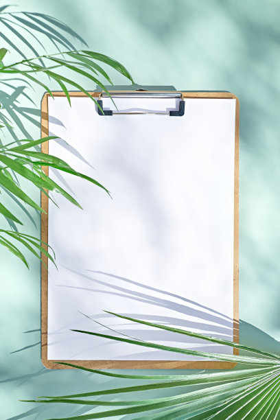 空白的白纸在剪贴板上薄荷色表面与棕榈叶，家庭植物和软花阴影。春夏排版，要做的清单。生态设计。图片下载