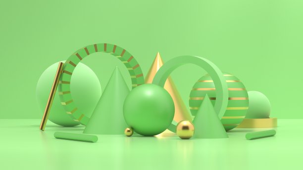 抽象几何背景精致的绿色和金色。三维渲染图片下载