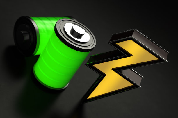 充满电的霓虹彩色电池和闪电标志充电概念图片下载