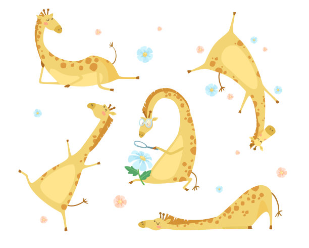有趣的长颈鹿与花卡通插图集图片下载