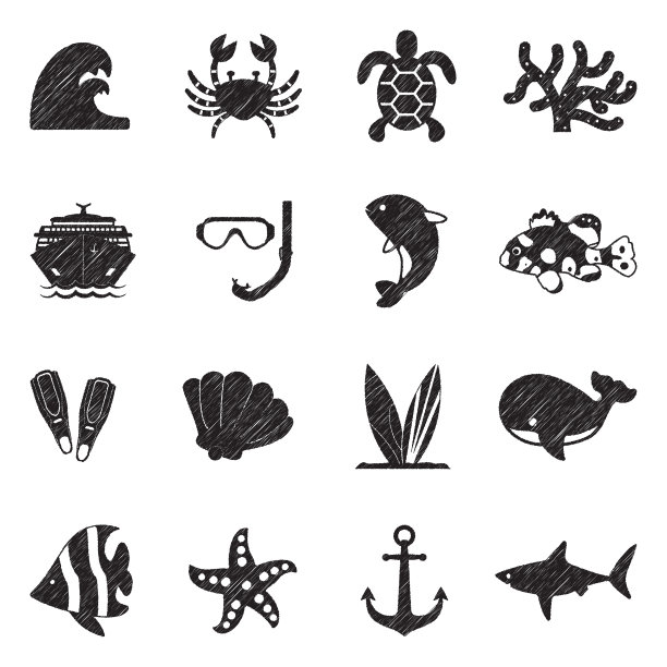 海洋图标黑色涂鸦设计矢量插画图片下载