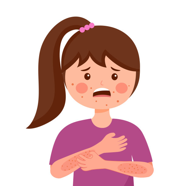 女童抓胳膊。扁平设计的儿童强烈过敏皮肤瘙痒症状。红疹皮肤刺激。图片下载