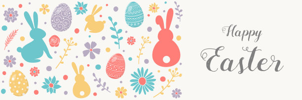 复活节贺卡的概念与彩色的兔子，鸡蛋和花。横幅。向量图片下载