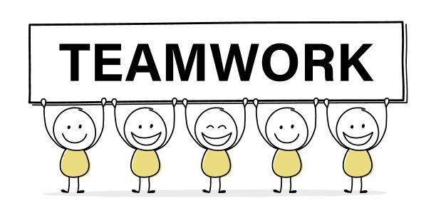 笑脸卡通漫画与文字板-团队合作。经营理念。向量图片下载