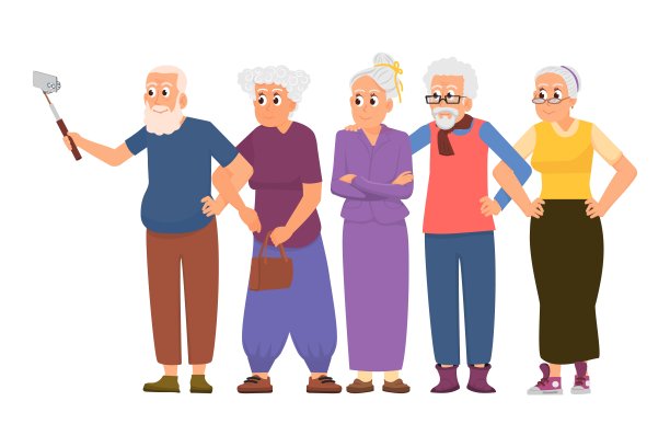 老年人群体。老年人拥抱和自拍。有趣的祖父母朋友在一起。快乐活跃的女性和男性拥有智能手机，体面的向量角色图片下载