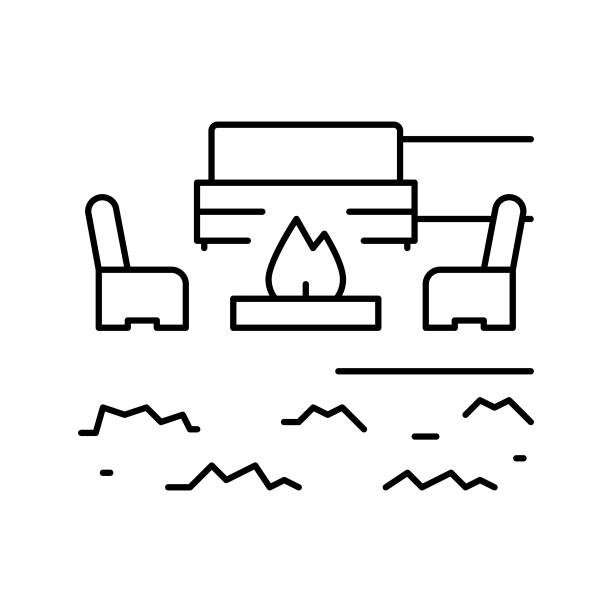 户外生活家具和壁炉线图标矢量插图图片下载