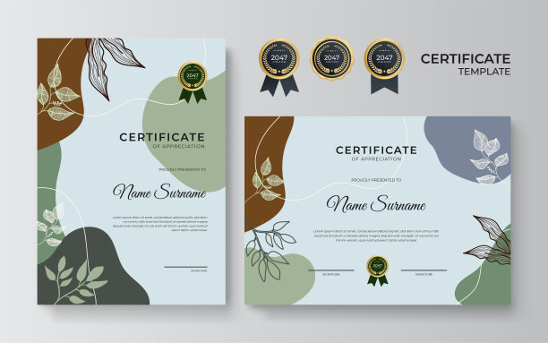 手绘抽象蓝色彩色证书设计模板图片下载