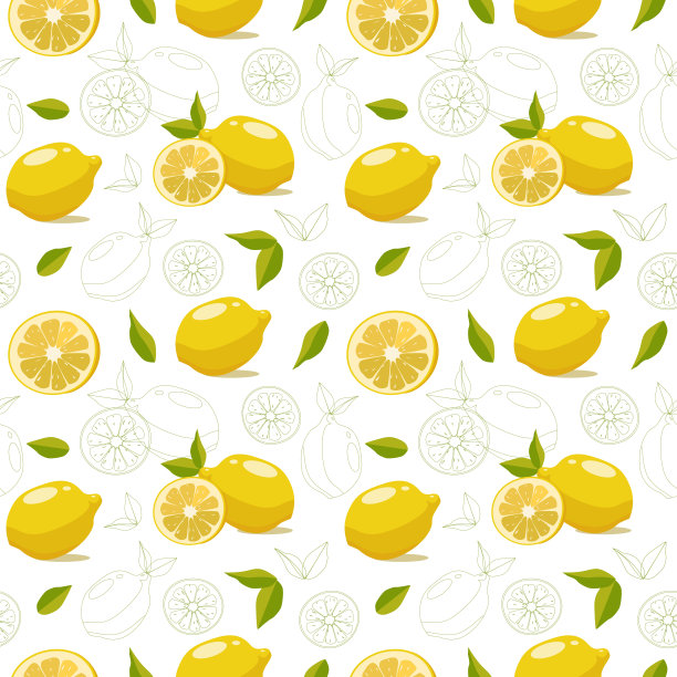 黄色柠檬和叶子的无缝图案图片下载