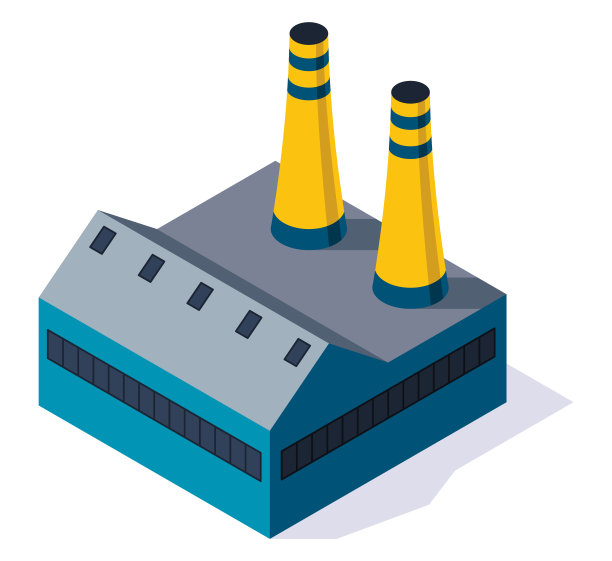 等距工厂。带有烟囱塔或管道的工业厂房概念。工业建筑物建造。3 d孤立的图标。制造厂房建筑图片下载