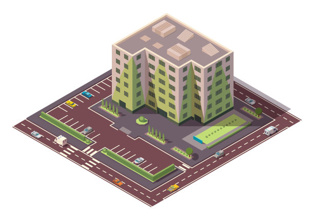 矢量等距高层建筑和街道元素与停车位。城市或城镇地图建设要素。代表多层建筑的图标。房子，家庭或办公室图片下载
