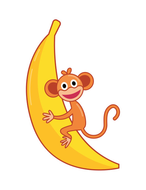 孩子们的玩具猴子在香蕉上。孩子的发展和娱乐孤立在白色的背景上。幼儿园为孩子提供娱乐和玩耍的工具。鲜艳的矢量图标图片下载