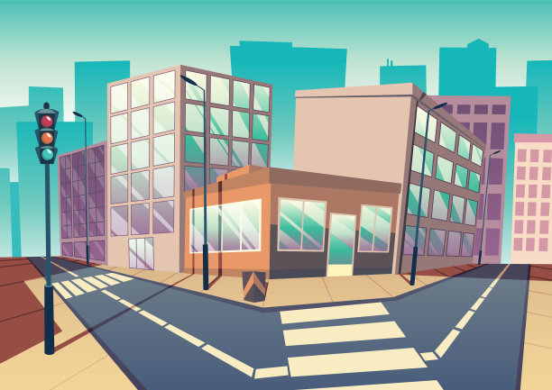 城市道路。城市街道景观，有十字路口和交通灯，建筑有小商店和其他商业场所。空的市区道路图片下载