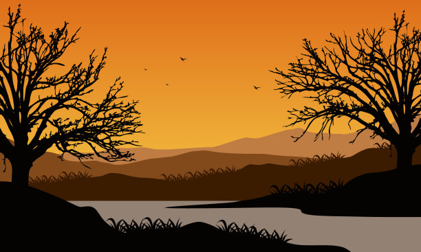 黄昏时分，从河岸俯瞰群山的美妙景色，周围是高大干枯的树木的剪影图片下载