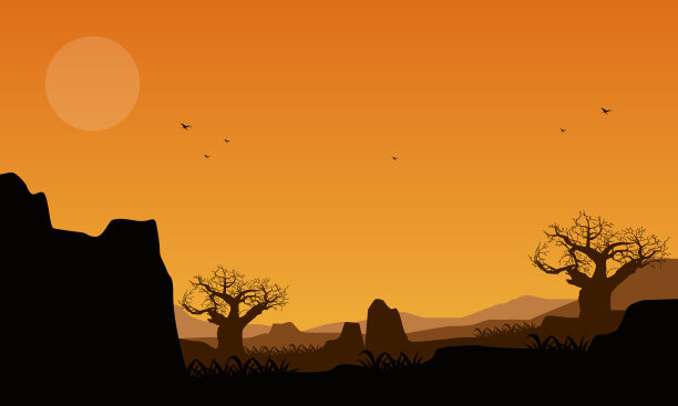 美丽的山景与松树和峡谷的剪影从村庄黄昏图片下载