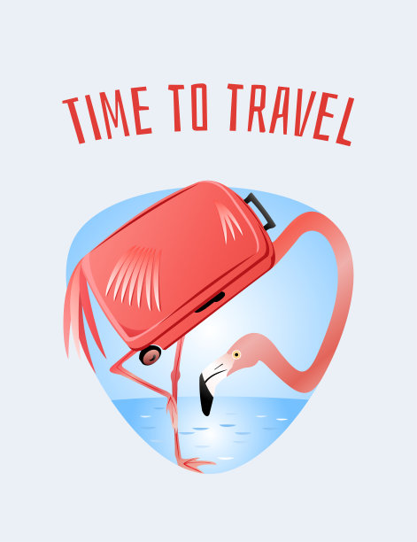 旅行时间，矢量模板插图，火烈鸟和手提箱共生图片下载