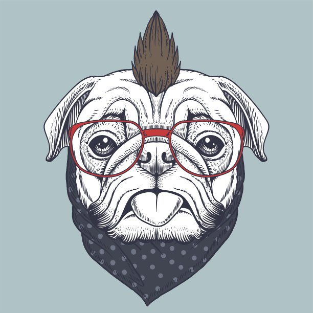 帕格朋克手画，戴着红色眼镜，戴着大手帕上的圆点花纹图片下载