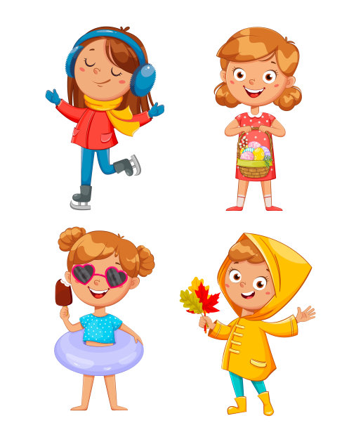 季节性的插图。可爱的女孩，四季图片下载