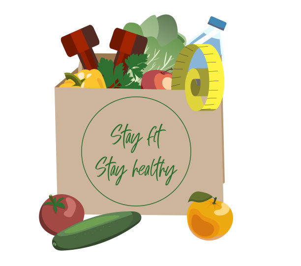 装有各种蔬菜、水瓶、哑铃和卷尺的纸袋。孤立在白色背景上图片下载