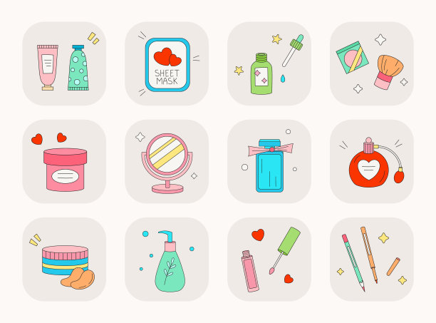 集可爱的化妆品图标有关皮肤护理，水疗沙龙，美容产品。卡通花式韩国化妆品矢量图形元素。图片下载
