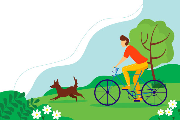 骑自行车的运动员。一名男子在公园里骑自行车和狗。树木繁花的夏季景观。图片下载