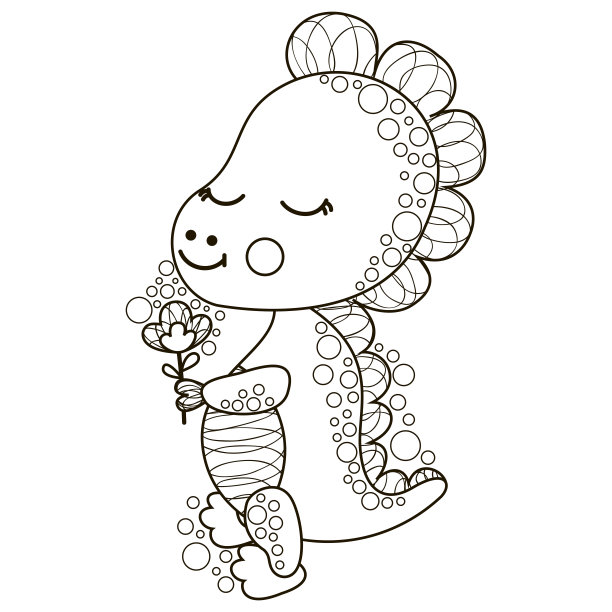 卡通黑白单插画，一个可爱的小恐龙霸王龙微笑着拿着一朵花，嗅它。孤立的轮廓婴儿龙着色书，页，标志。向量。图片下载