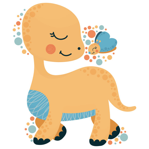 一只可爱的小雷龙和一只蝴蝶正对着对方微笑。白色背景上的卡通恐龙。欢乐的儿童插画，主题为友谊、爱和欢乐。向量。图片下载