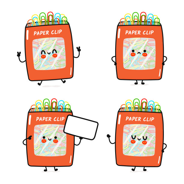 有趣可爱快乐曲别针字符捆绑集。矢量手绘涂鸦风格卡通人物插图图标设计。孤立在蓝色背景上。可爱的曲别针吉祥物字符收集图片下载